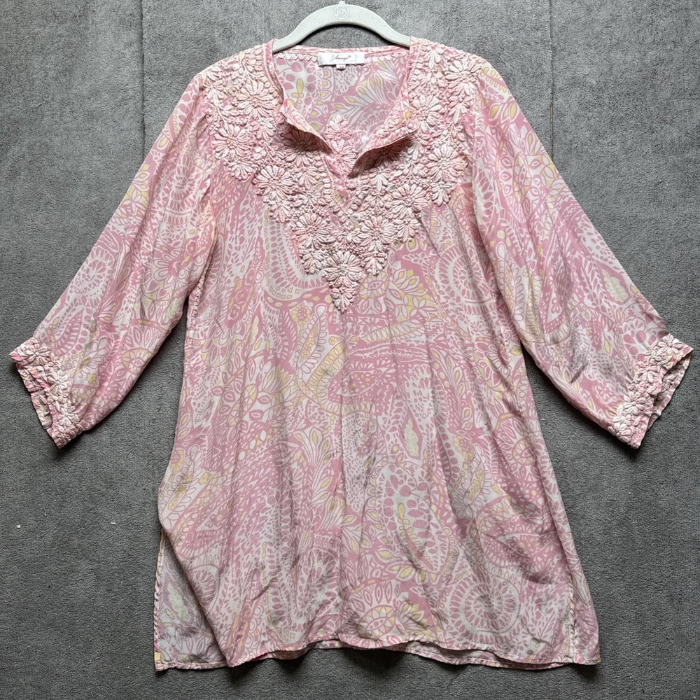Amaya Shelby Pink Embroidered Silk Tunic Top 40/ Medium MSRP $345 Dainty Shirt